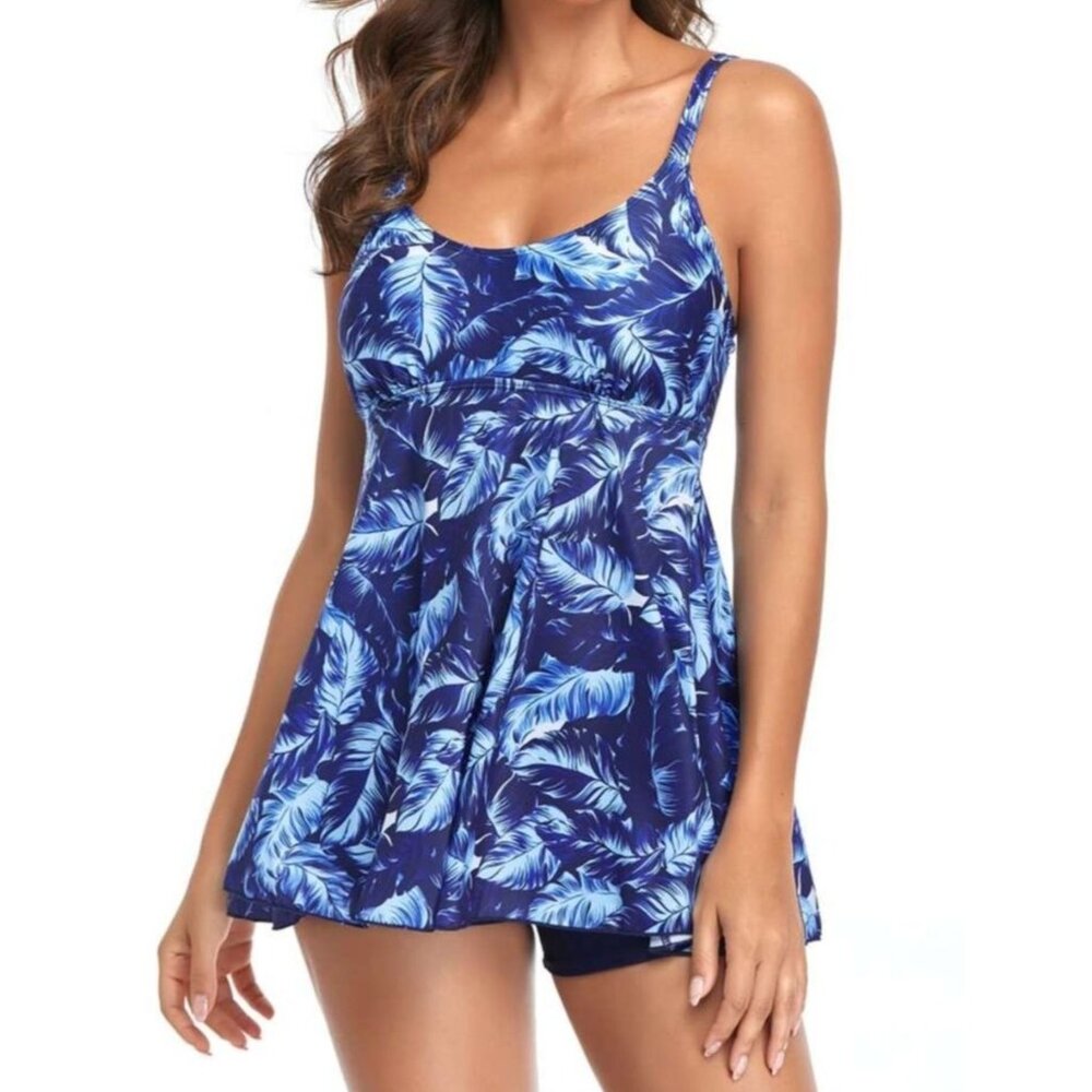 Women's Tropical Print Strap Swimsuit Dress Boxer Shorts Set XL Blue Beach Pool